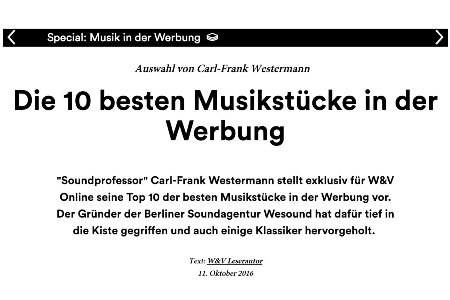 Top 10 Musikstücke in der Werbung -W&V